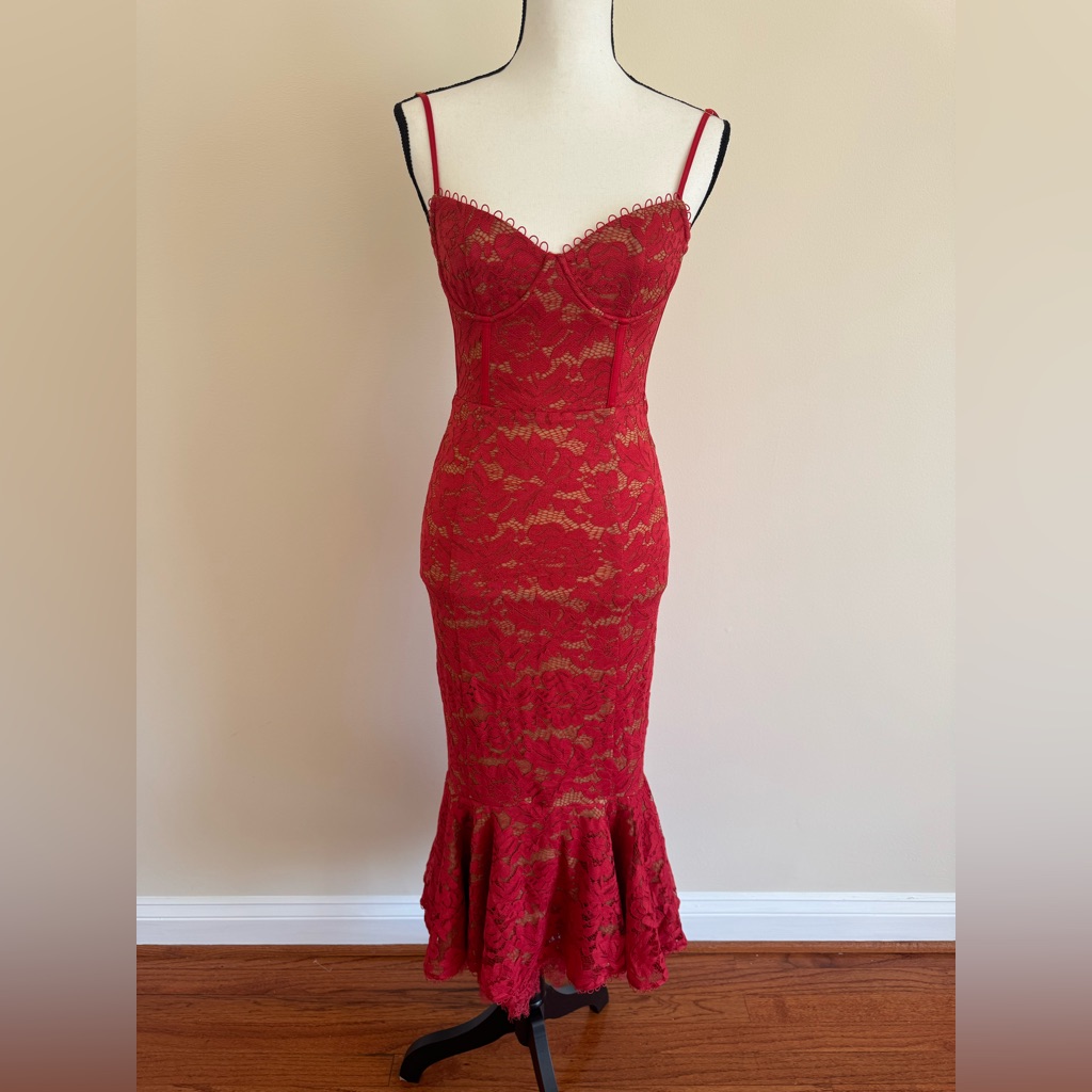 V. Chapman Naomi Stretch Lace Corset Flounce-Hem Midi Dress Sz 0